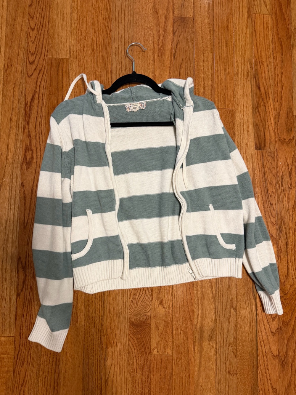 Pink Republic Striped Hooded Zip Cardigan - White & Sage Green